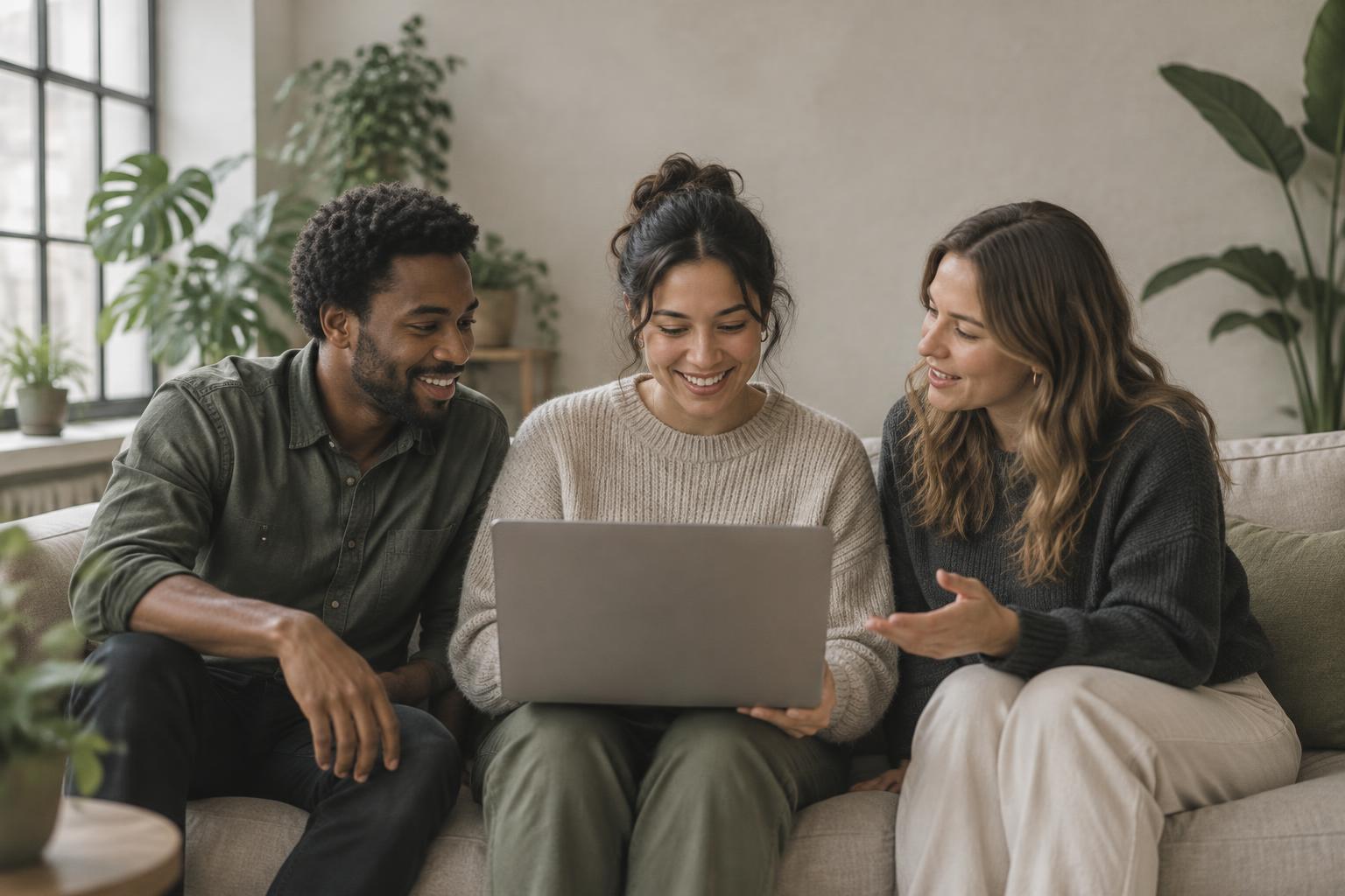 Three agency colleagues talking on a sofa with a laptop