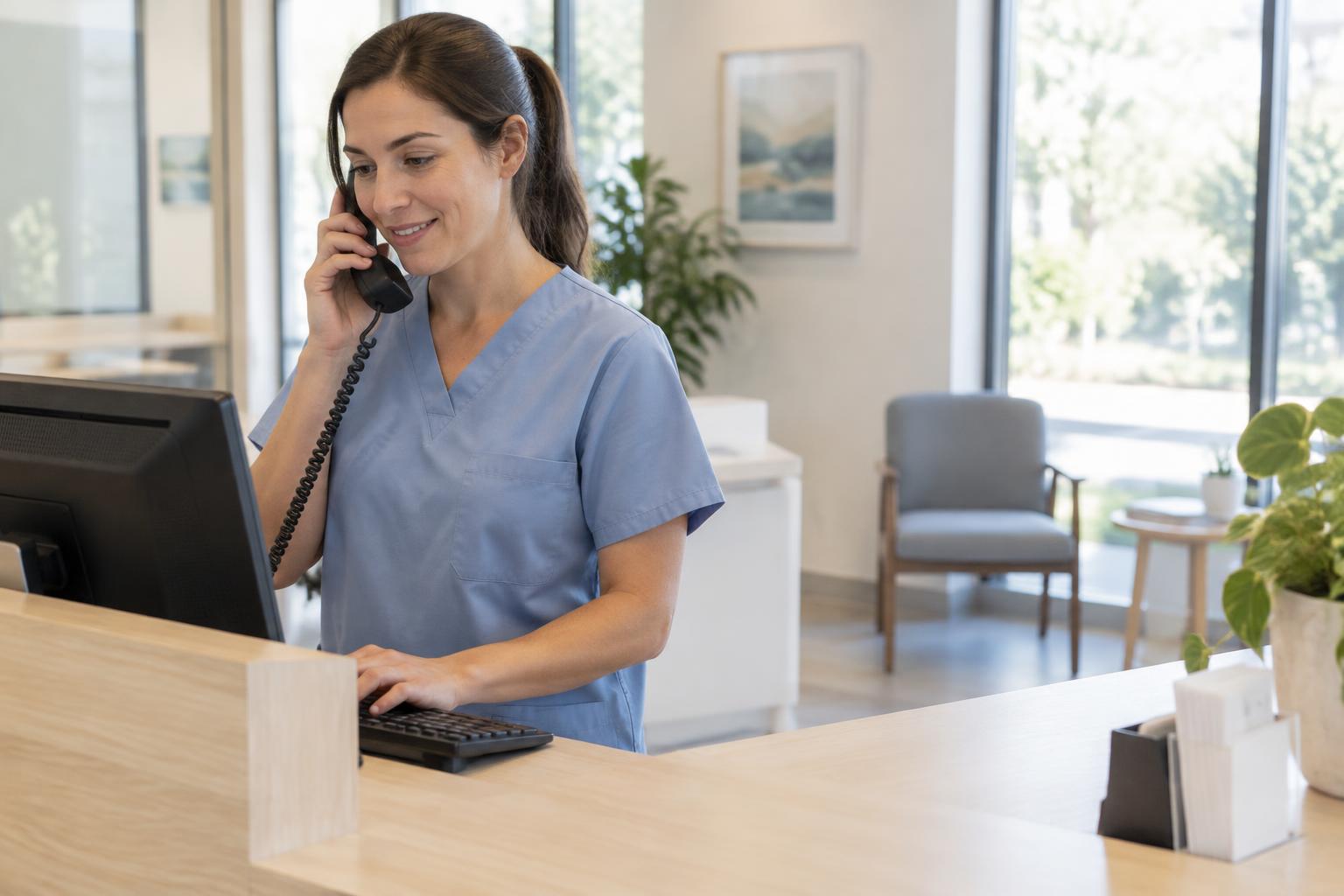 Dental practice coordinator booking an appointment at the front desk