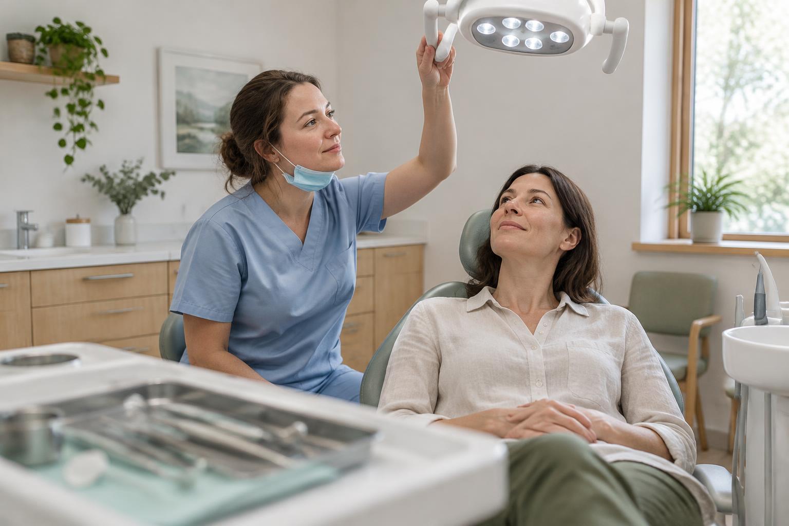 Dental hygienist adjusting an exam lamp beside a seated patient