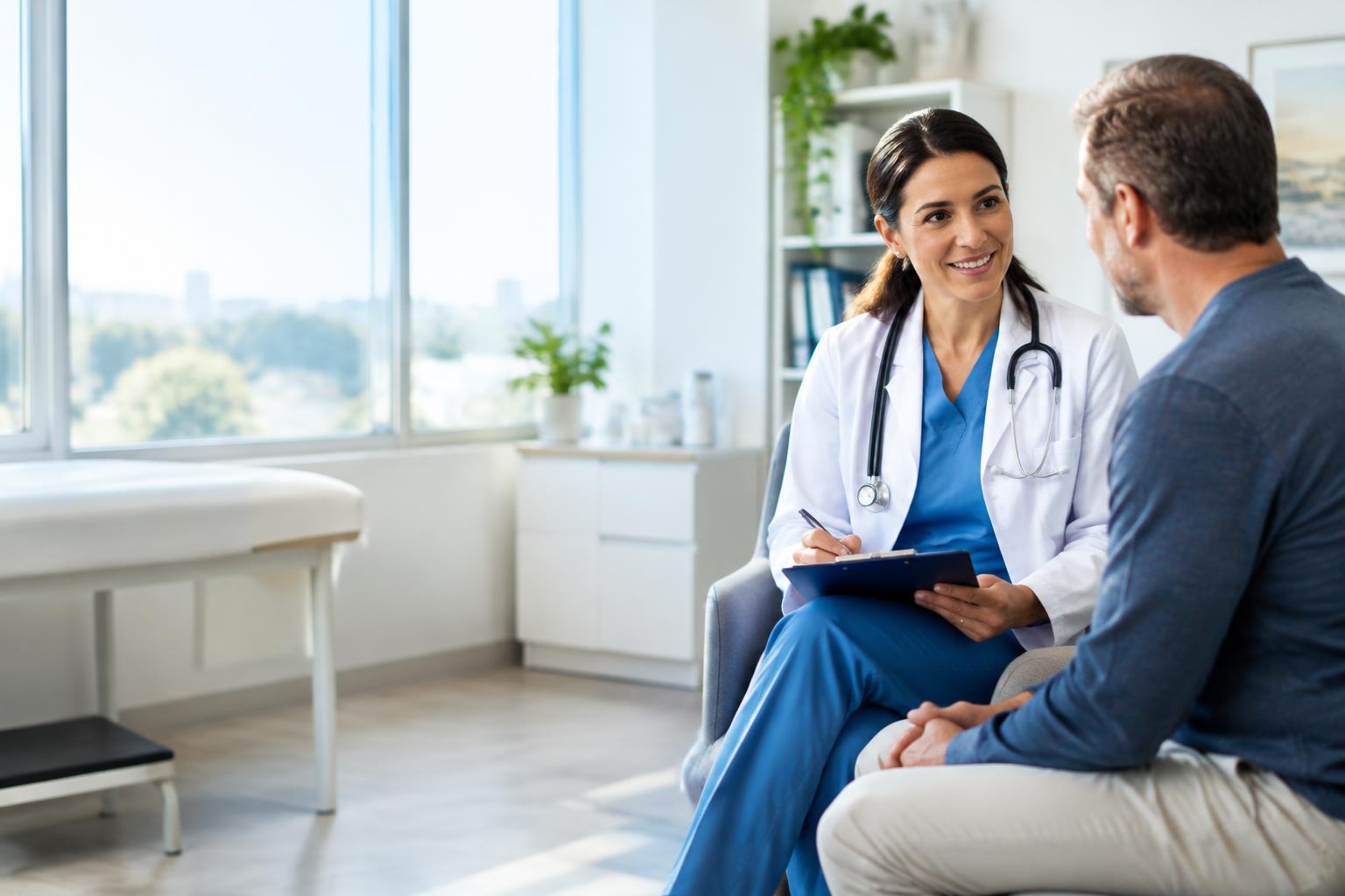 Doctor consulting a patient in a bright medical office