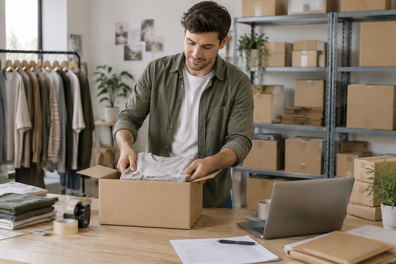 Male online store owner packing a customer order