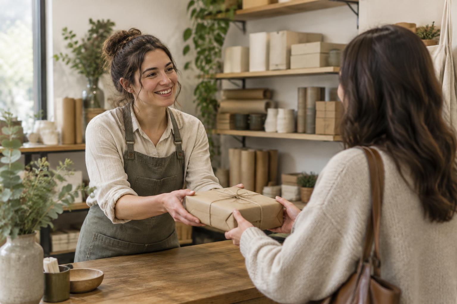 Shop owner handing a wrapped parcel across a wooden counter