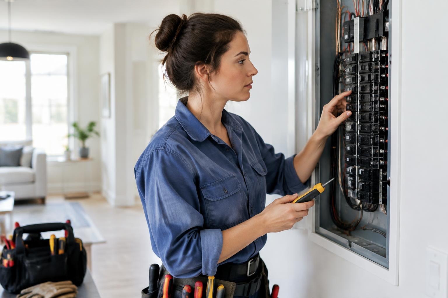 Electrician inspecting an electrical panel