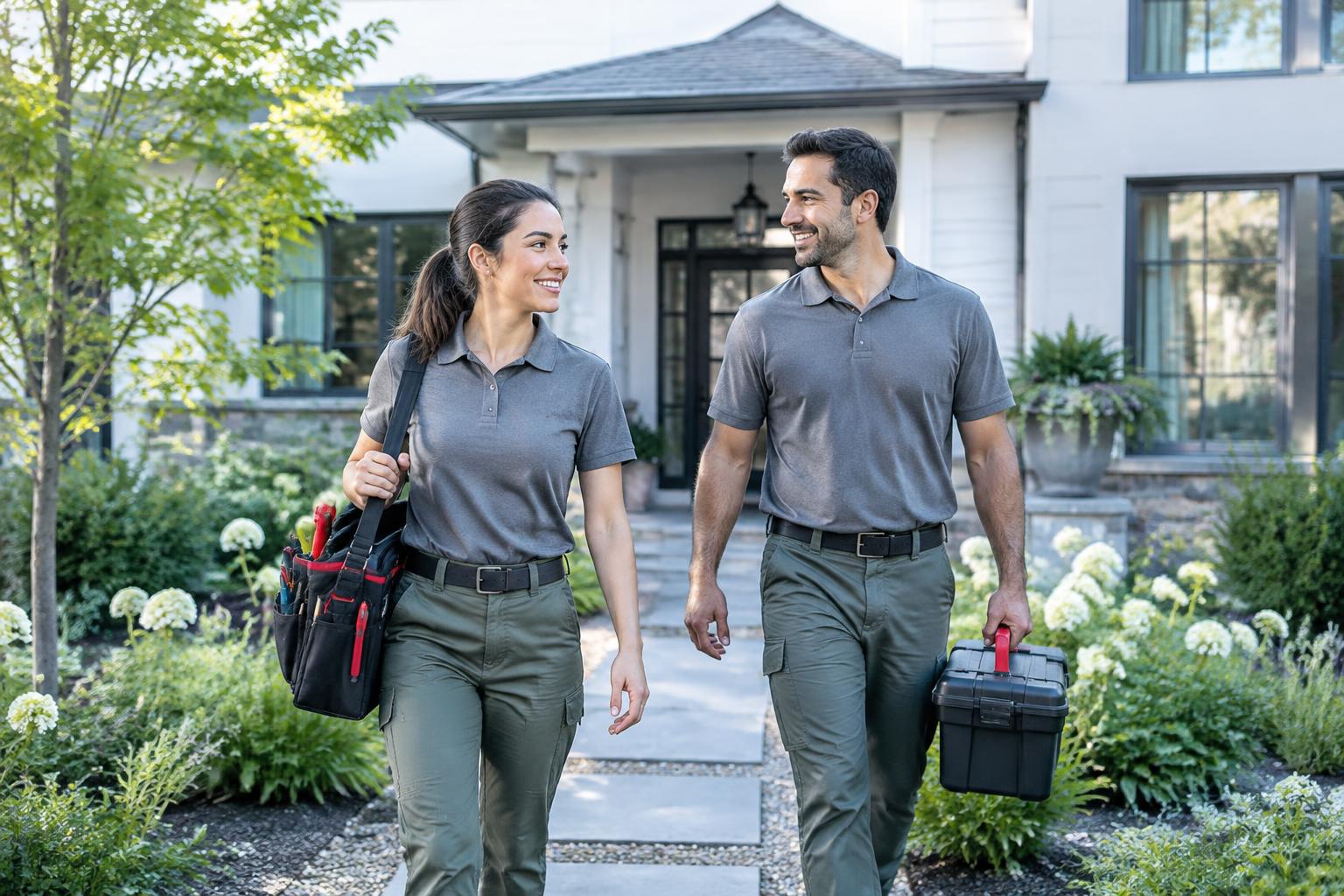 Home service professionals walking toward a customer’s house