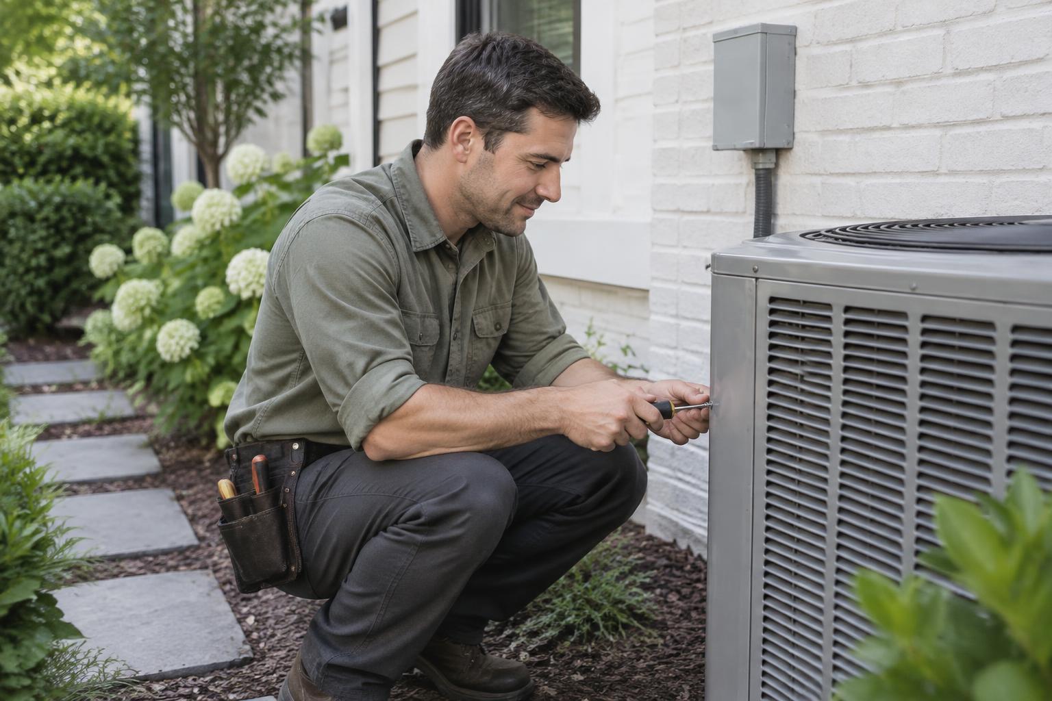 Male HVAC technician inspecting an outdoor air conditioner