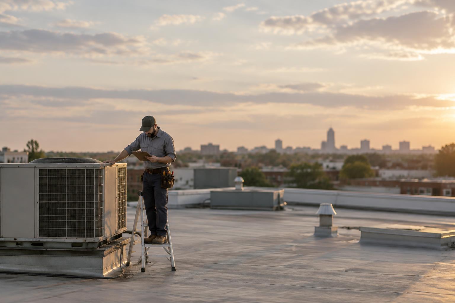 HVAC technician on a ladder checking a rooftop air conditioning unit