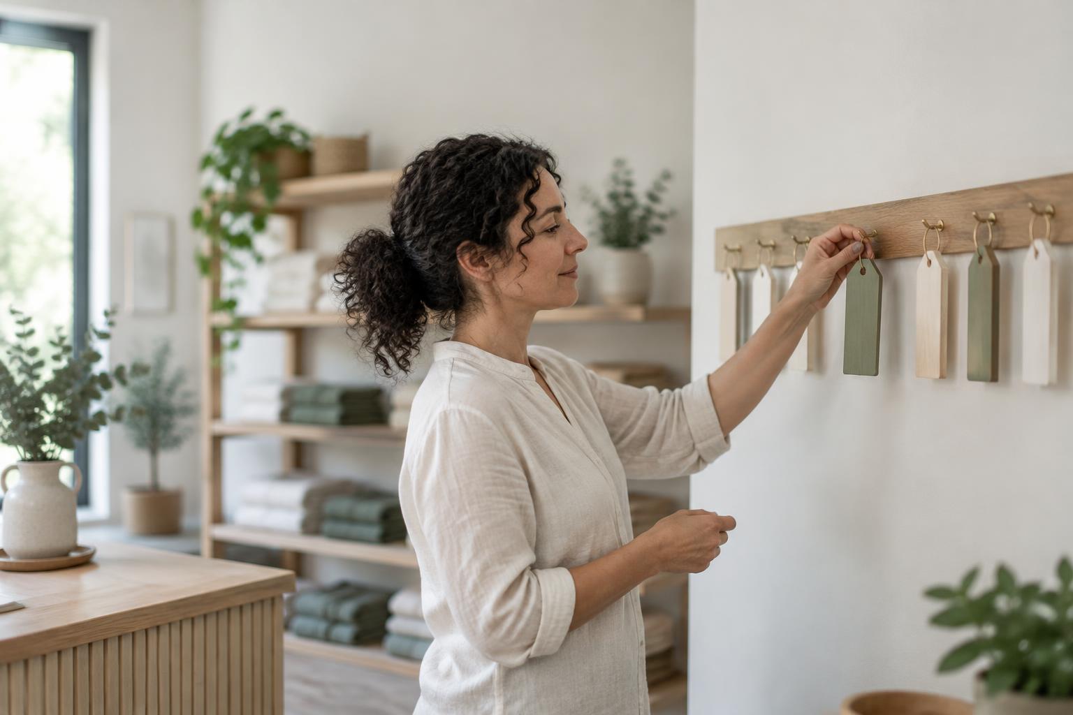A studio owner placing a blank appointment tag on a wall rail