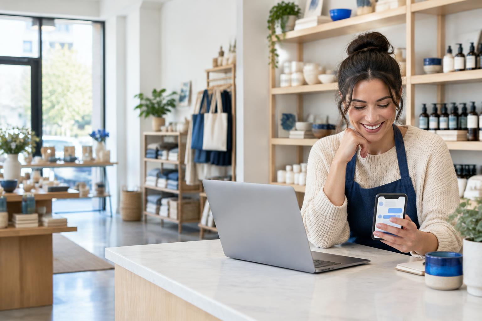 A shop owner reviewing a customer conversation on her phone beside an open laptop