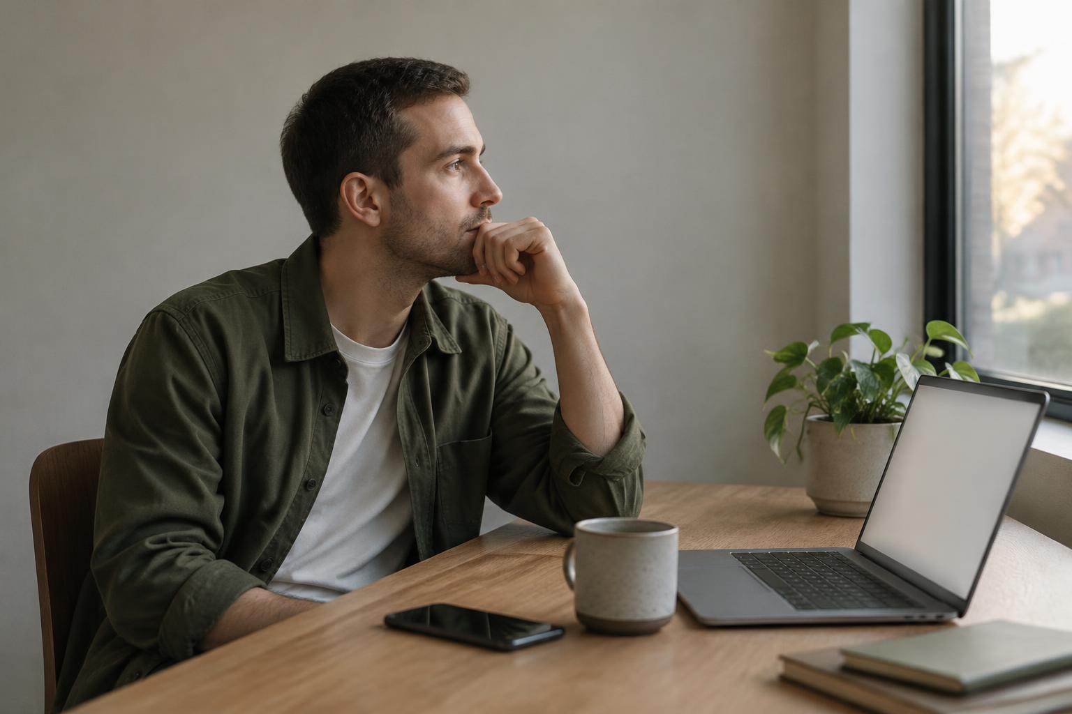 A small business owner reviewing a follow-up message at his desk