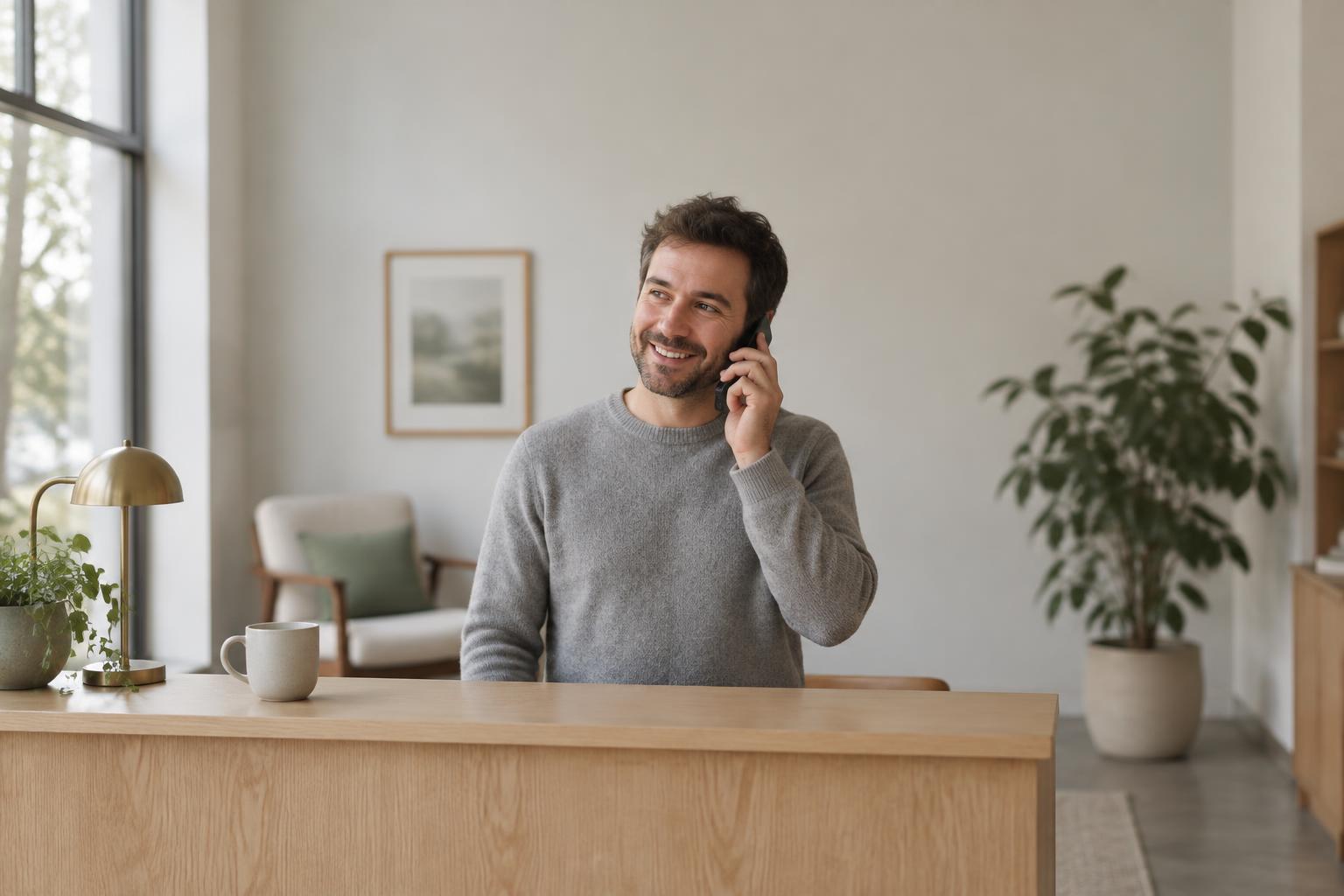 A small business owner taking a call at his front counter