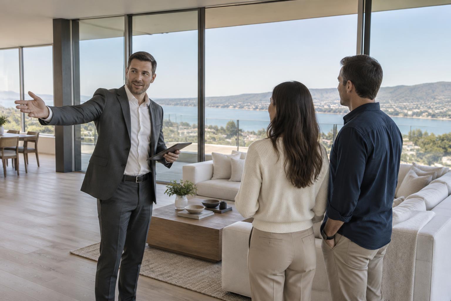 Male real estate agent showing a home to a couple