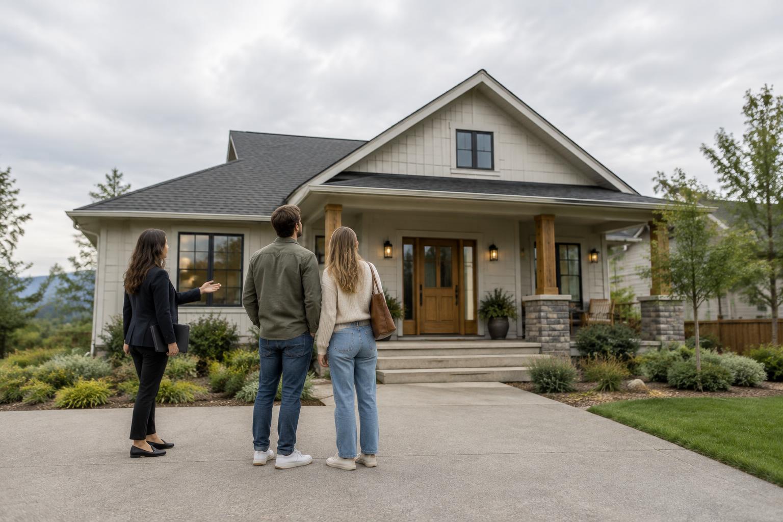 A couple and their agent looking at the front of a house