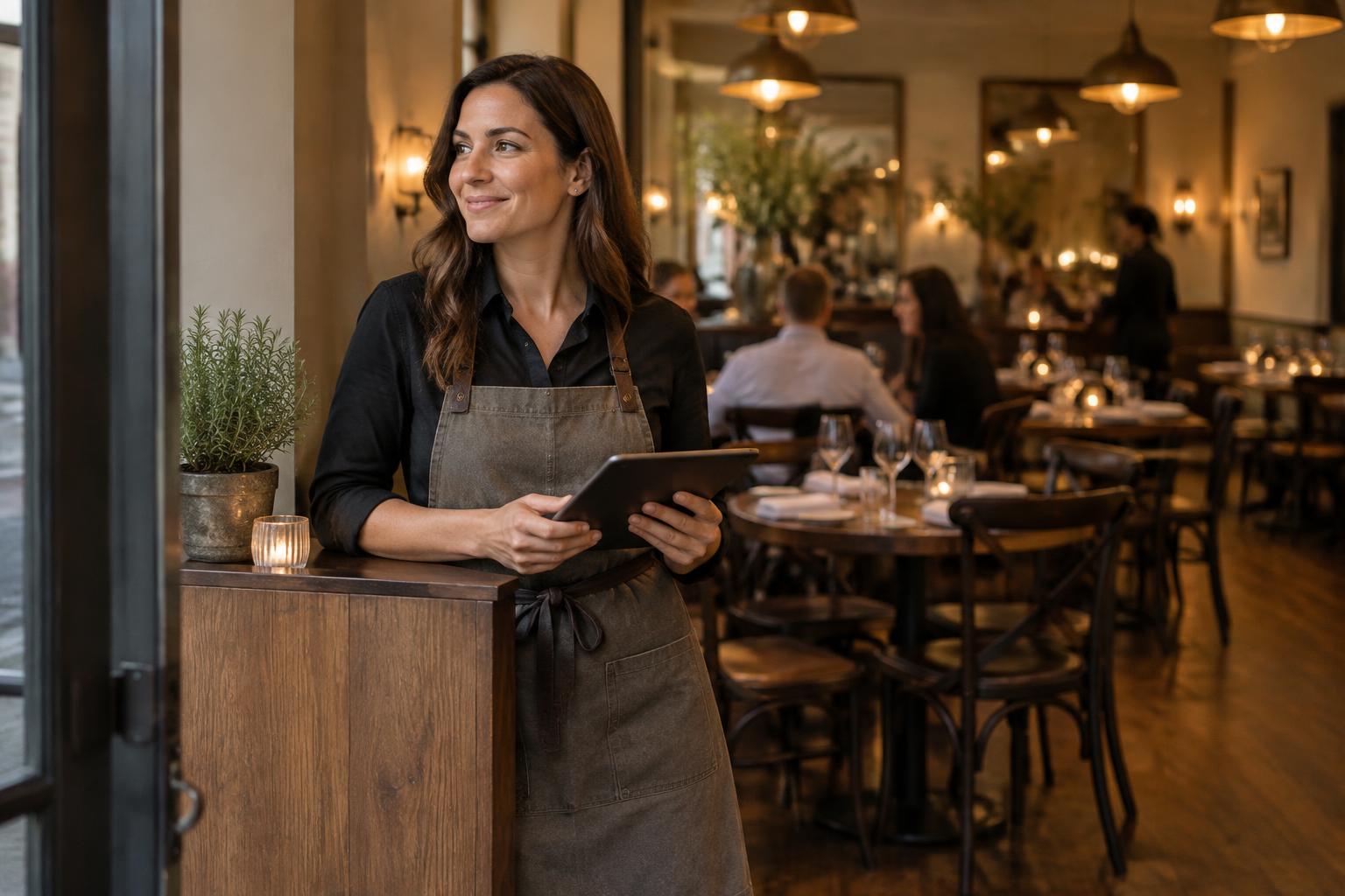 Restaurant manager greeting guests at the host stand