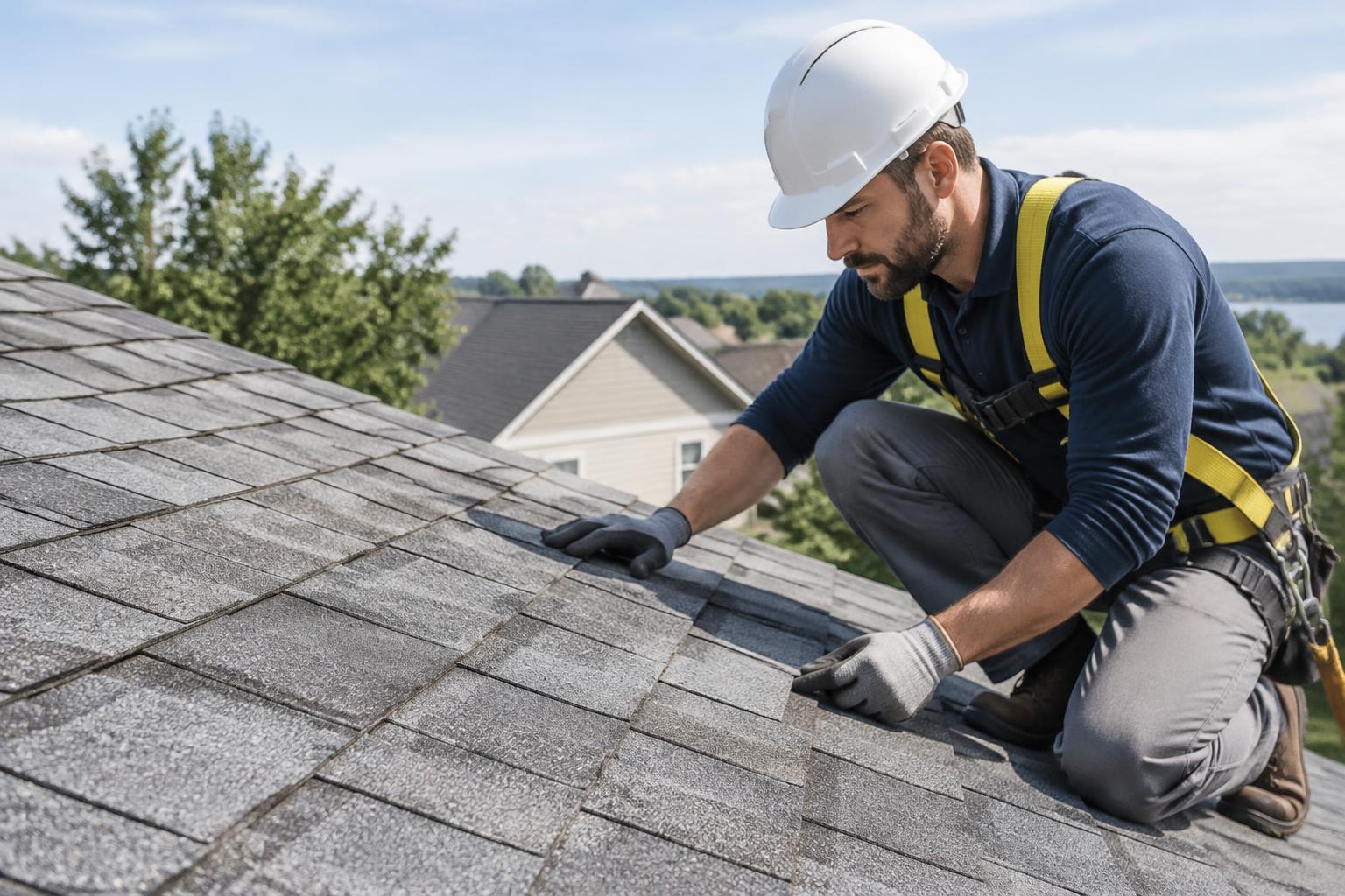 Roofer inspecting shingles on a residential roof
