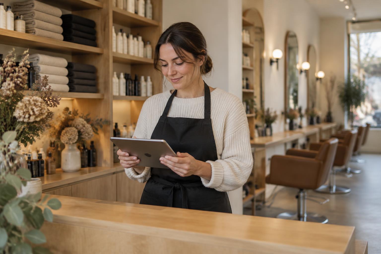 Salon owner checking the day's bookings at the reception counter